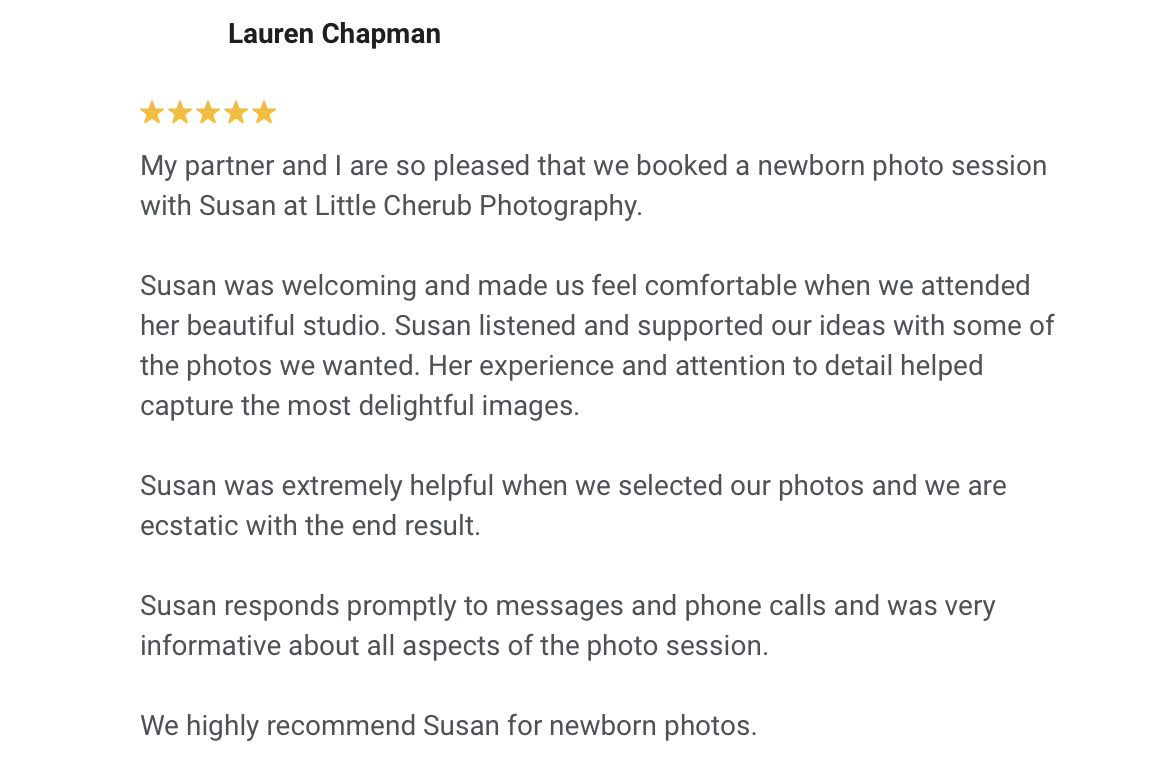 5 star review left by Little Cherub Photography client, best newborn photographer, maternity, family and baby