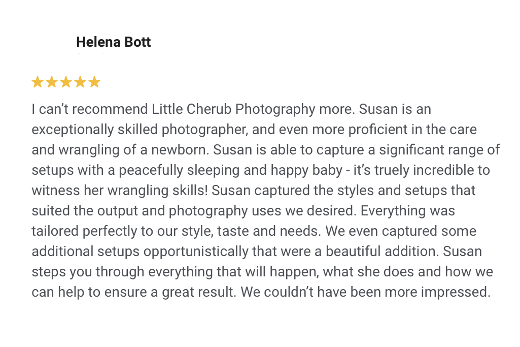 5 star review left by Little Cherub Photography client, best newborn photographer, maternity, family and baby