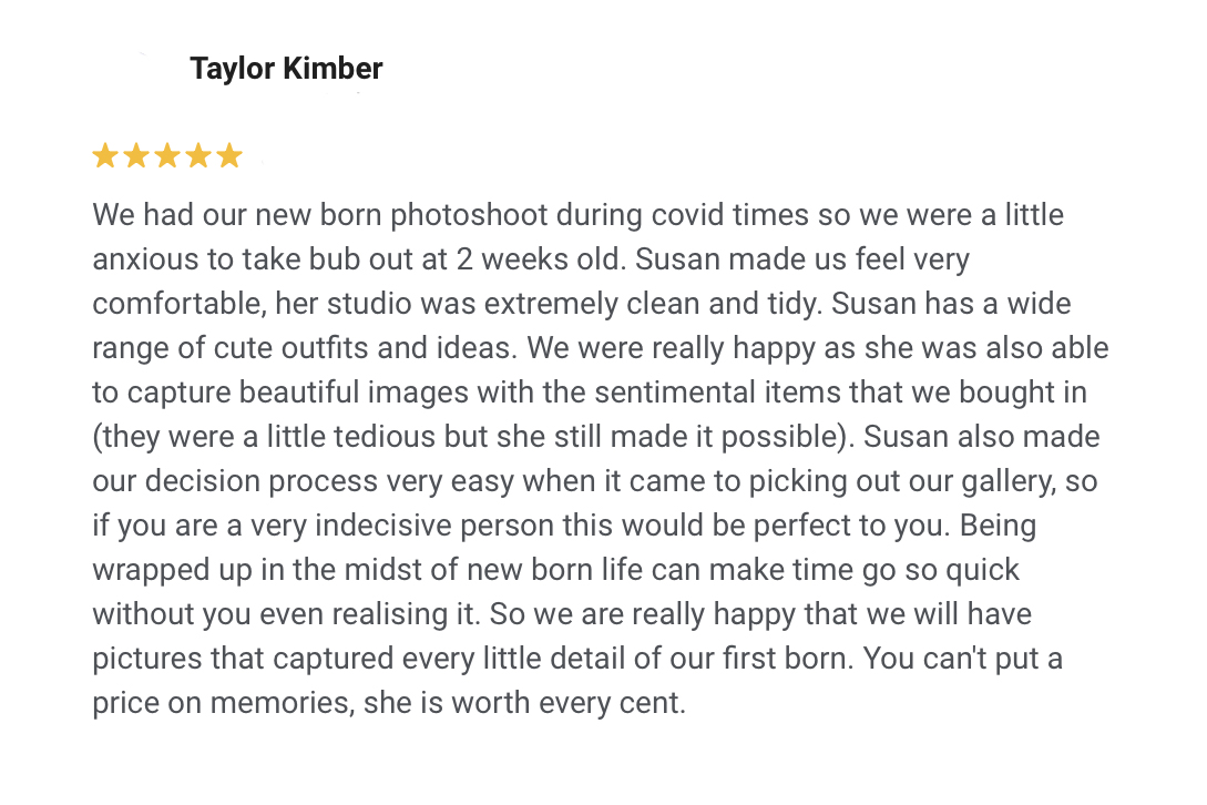 5 star review left by Little Cherub Photography client, best newborn photographer, maternity, family and baby