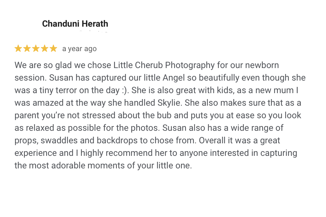 5 star review left by Little Cherub Photography client, best newborn photographer, maternity, family and baby