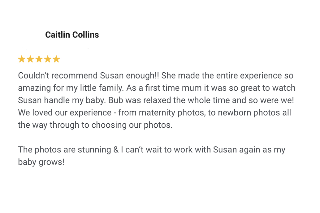 5 star review left by Little Cherub Photography client, best newborn photographer, maternity, family and baby